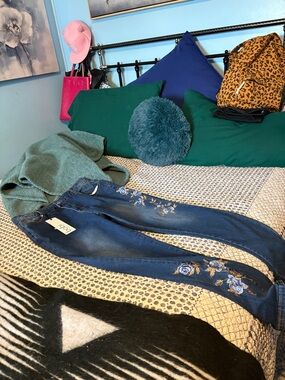 bobi Dark Blue Boot Cut Jeans with Blue Floral Embroidery